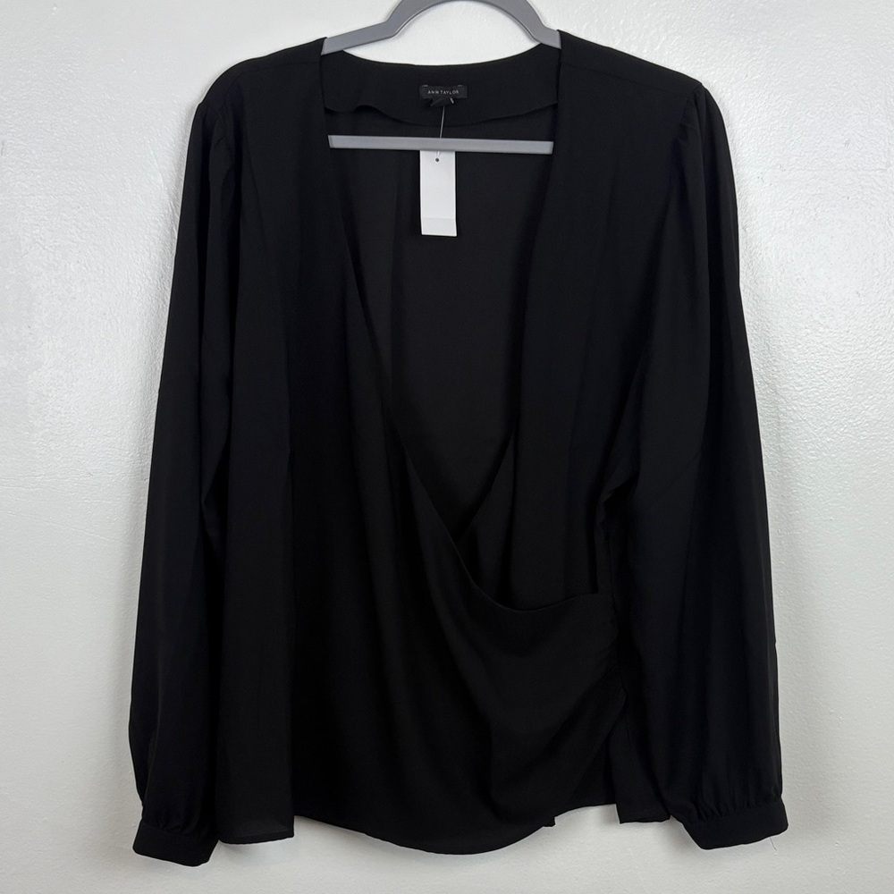 Ann Taylor New‎ Women’s XXL Black Long Sleeve Surplice Faux Wrap Blouse